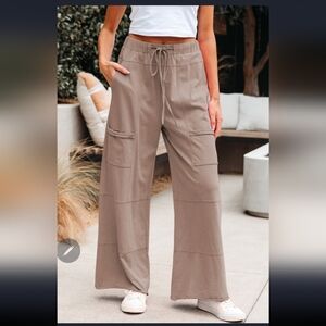Boutique Taupe Mineral Wash Exposed Seam Wide-Leg Cargo Pants